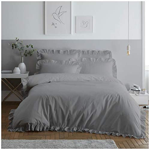 GC GAVENO CAVAILIA Ruffle Bedding Easy Care Plain Dyed Duvet Cover Frill Quilt Set, Polyester, 50% Cotton, Grey, Superking