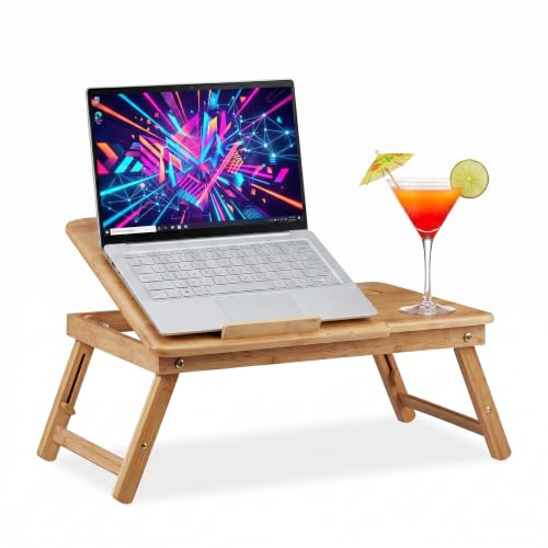 Relaxdays Height-Adjustable Laptop Table, Bamboo Lapdesk with Drawer, HxWxD: 30 x 69 x 35 cm, Natural