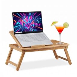 Relaxdays Height-Adjustable Laptop Table, Bamboo Lapdesk with Drawer, HxWxD: 30 x 69 x 35 cm, Natural