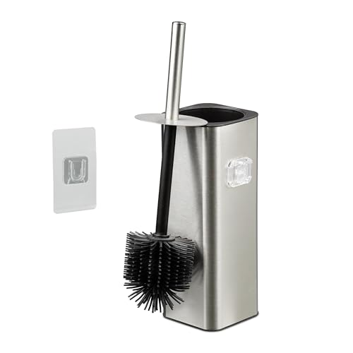 Relaxdays toilet brush with wall mount, adhesive, HxWxD: 36.5 x 9.5 x 10.5 cm, WC cleaning brush with holder, silver