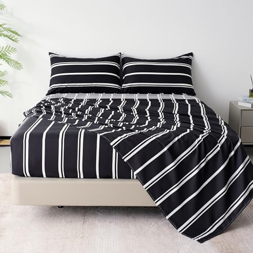 Best Season Stripe Bed Sheets Set,3 Piece Super Soft Microfiber Bedding-Deep Pocket,Ultra Soft,Fade & Wrinkle Resistant(Twin Size,Black&White)