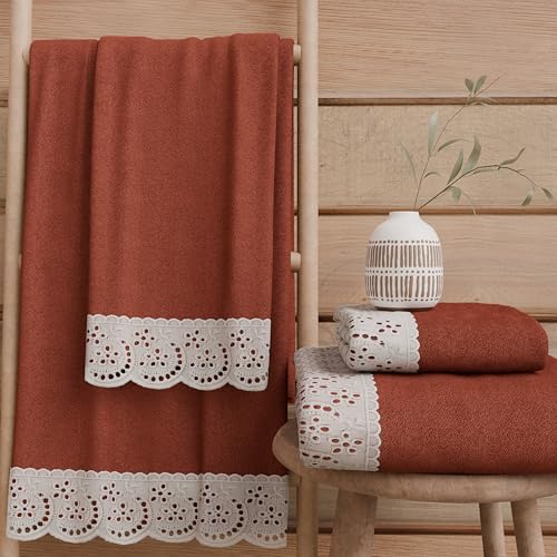 PETTI Artigiani Italiani - 100% Cotton Terry Bath Towels, 1+1 Towel Set, 2 Pieces 1 Face Towel and 1 Hand Towel, Terracotta