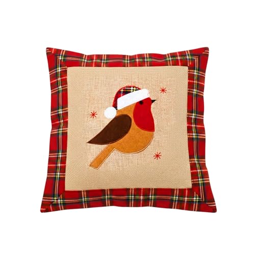 SHATCHI Robin Christmas Cushion Cover 40x40cm, Festive Decorative Pillow Case with Velcro Closure, Burlap Style Sofa, Bed, Throw Cushion Cover for Xmas Home Decorations