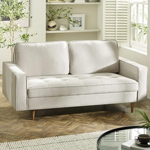Julian Bowen Henrietta 3 Seater Beige Sofa, Linen Upholstered Couch with Brown Legs, Settee for Living Room - 91 x 186 x 90cm