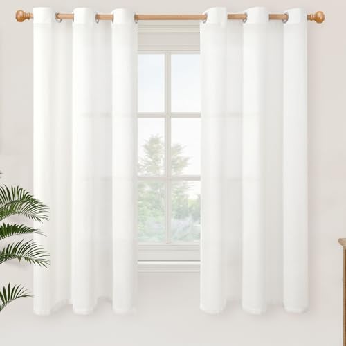 YoungsTex White Linen Semi Sheer Curtains 63 Inch Length 2 Panels, Grommet Light Filtering Drapes Textured Window Treatments for Bedroom Living Room Lightweight, 42 X 63 Inch