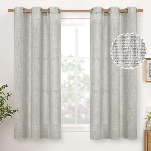 YoungsTex Light Grey Linen Curtains 45 Inch Length for Kitchen Bathroom Window, Short Semi Sheer Drapes with Bronze Grommet Light Filtering for Living Room Bedroom, 42 X 45 Inch, 2 Panels