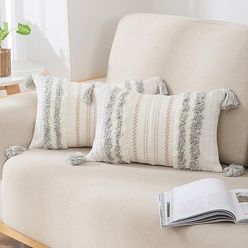 decorUhome Light Grey and Cream White Throw Pillow Covers 12x20 Set of 2 - Decorative Boho Lumbar Accent Neutral Tufted Modern Farmhouse Textured Pillow Covers for Couch Bed Sofa Living Room