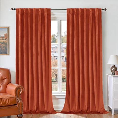 BGment Terracotta Velvet Curtains 108 Inches Long, Fall Thermal Insulated Blackout Curtains Luxury Super Soft Drapes with Back Tab Rod Pocket for Living Room, Set of 2 Window Panels, 52 x 108 Inch