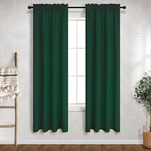 Mrs.Naturall Dark Emerald Green Linen Light Filtering Sheer Curtains, Rod Pocket Forest Green Moody Curtains for Bedroom Living Room