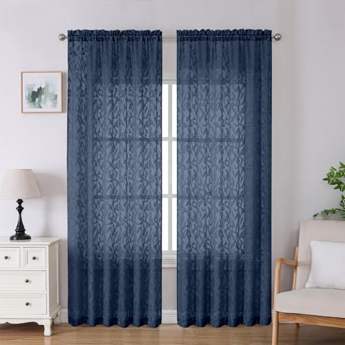 "Lecloud Leia Navy Blue Sheer Curtains 90 Inches Long 2 Panels, Airy Leaf Textured Jacquard Drapes, Light Filtering & Privacy Dual Rod Pocket Window Curtains for Living Room Bedroom, 52"" W x 90"" L"