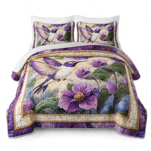 AILONEN Beautiful Hummingbird Bedding Quilt Set King Size - Purple Flower Bird Theme - 3Pcs Soft Lightweight Boho Bedspread Coverlet for Girls Women - (Quilt,2 Pillowcases)