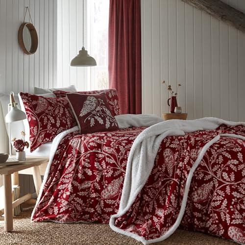 Dreams & Drapes Red Owl Teddy Fleece Duvet Cover - Double Size (200 x 200cm) - Soft & Cosy Woodland Bedding - Burgundy With Forest Animals