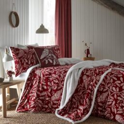 Dreams & Drapes Red Owl Teddy Fleece Duvet Cover - Double Size (200 x 200cm) - Soft & Cosy Woodland Bedding - Burgundy With Forest Animals