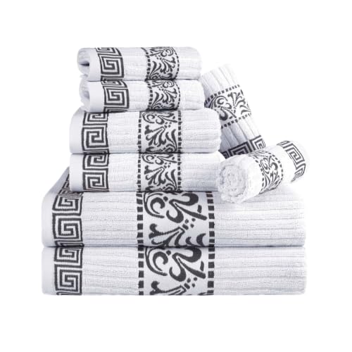 Superior 8-Piece Cotton Towel Set, Decorative Greek Pattern, Home Essentials, Absorbent Towels, Decor for Bathroom, Spa, Includes 2 Hand, 2 Face and 4 Bath Towels, Athens Collection, Grey
