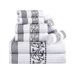 Superior 8-Piece Cotton Towel Set, Decorative Greek Pattern, Home Essentials, Absorbent Towels, Decor for Bathroom, Spa, Includes 2 Hand, 2 Face and 4 Bath Towels, Athens Collection, Grey