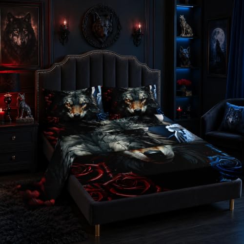 "Nttopship Wolf 4 Pieces Bed Sheet Sets Twin Size Blue and Red Roses Bedding Sets with 16"" Deep Pockets 3D Wild Animal Bedroom Decor,Bedding Set 4 PCS(1 Fitted+1 Flat+2 Pillowcases)"