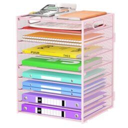 Cawukege 9 Tier Paper Organizer with Handle, Large Capacity Desk Organizer Mesh File Folder Organizer Letter Paper Tray Desktop Document Sorter for Classroom, School, and Office Organization- Pink