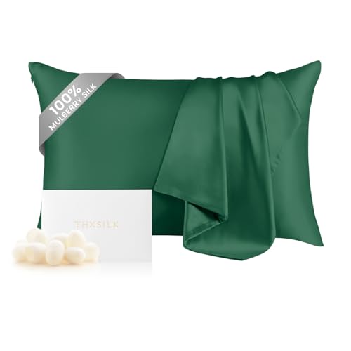 "THXSILK 100% Pure Mulberry Silk Pillowcase for Hair and Skin, 6A+ Grade Silk Pillow Case Queen Size 20""x30"", Real Silk Pillowcase with Zipper, Anti Aging Acne Free (Emerald Green)"