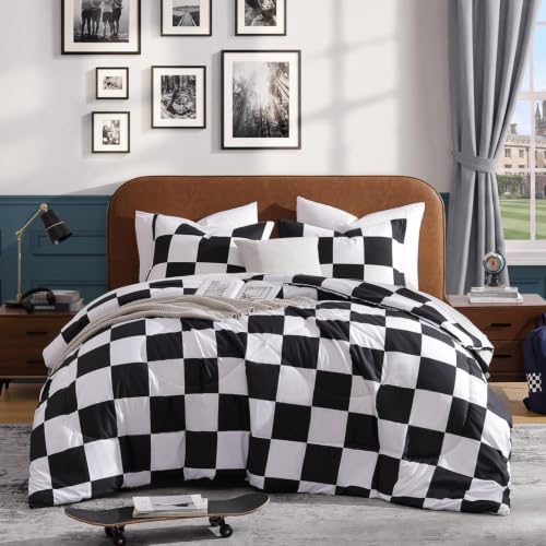 Andency Checkered Comforter Twin XL, Black and White Gingham Plaid Bedding - 3 Pieces Bed Set for Teen Boys Girls Kids, Lightweight Grid Buffalo Plaid Geometric Reversible Preppy as Gift(68x92Inch)