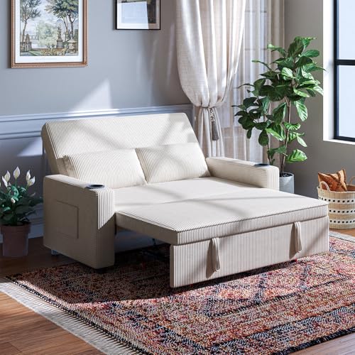 "JUMMICO 62.99"" Pull Out Sofa Bed with Adjustable Backrest Sleeper Sofa 2 Seater Convertible Small Couches Modern Corduroy Fabric For Living Room Bedroom,Beige"