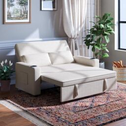 "JUMMICO 62.99"" Pull Out Sofa Bed with Adjustable Backrest Sleeper Sofa 2 Seater Convertible Small Couches Modern Corduroy Fabric For Living Room Bedroom,Beige"