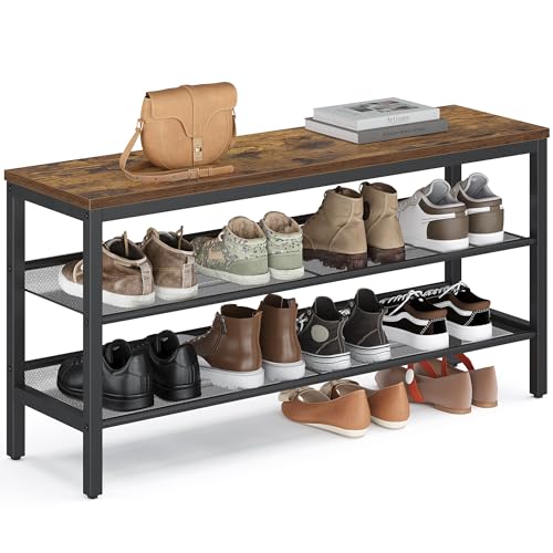VASAGLE 3 Tier Shoe Rack Bench, One Piece Shelves, Shoe Storage Organiser with Raised Edges, Industrial Style, Easy Assembly, 28 x 100 x 50 cm, Rustic Brown and Matte Black LSB075KD02