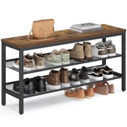 VASAGLE 3 Tier Shoe Rack Bench, One Piece Shelves, Shoe Storage Organiser with Raised Edges, Industrial Style, Easy Assembly, 28 x 100 x 50 cm, Rustic Brown and Matte Black LSB075KD02