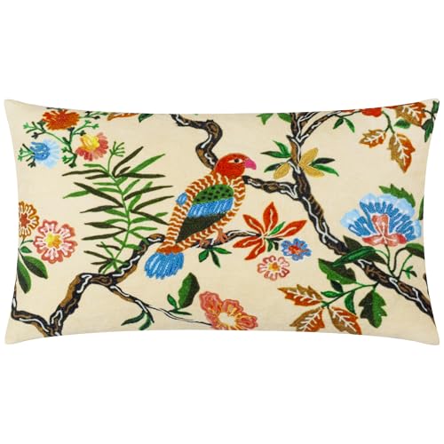 Wylder Sittacula Feather Filled Cushion (Multicolour - 30x50cm) - Embroidered Botanical Exotic Bird Nature Inspired Decorative Pillow