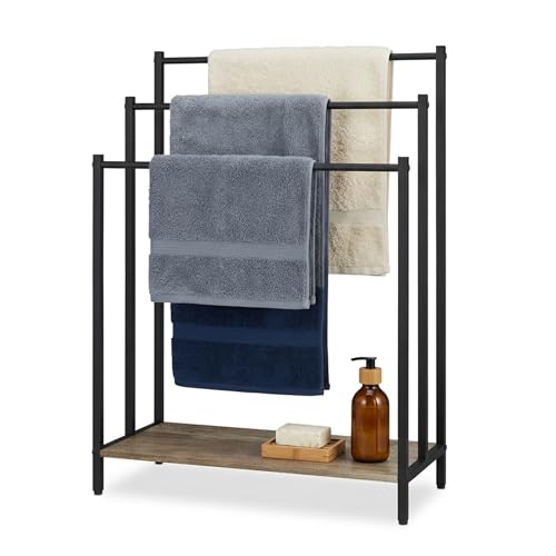 Relaxdays freestanding towel rack with shelf, wood-effect, 3 bars, 81x60x28 cm, natural/black