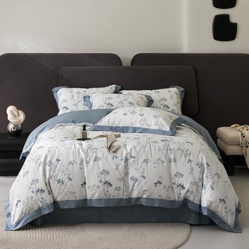 HighBuy Blue Floral Duvet Cover Full Girl Soft Cotton Flowers Bedding Set with 2 Pillowcases Vintage White Blue Botanical Bedding Duvet Cover Sets for Full Bed,Chic Shabby Bedding,All Season
