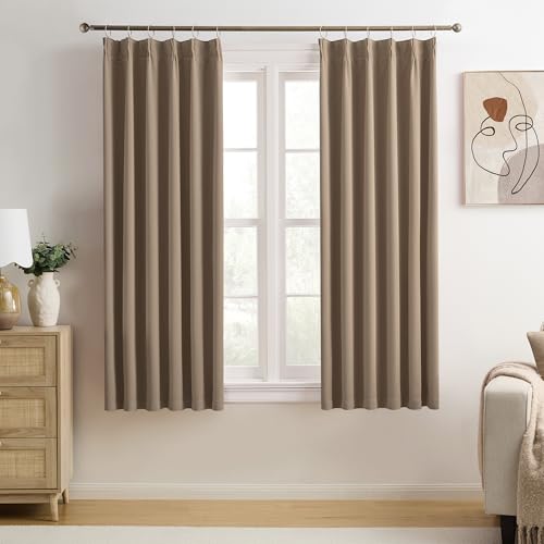 "KEQIAOSUOCAI Blackout Bedroom Curtains 63 Inches Long, Thermal Insulated Short Pinch Pleated Vertical Drapes for 62 Inch Home Office/Bay Windows/Basement(Cappuccino,40""x63""x2 Panels)"