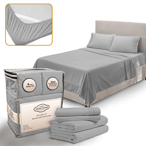 Abeero Home California King Sheet Set - Luxury Hotel Bed Sheet - Soft Cooling Sheets with Elastic Corner Strap - Deep Pocket Microfiber - Bedding Sheets & Pillowcases -4PC (Cal King Size, Light Gray)