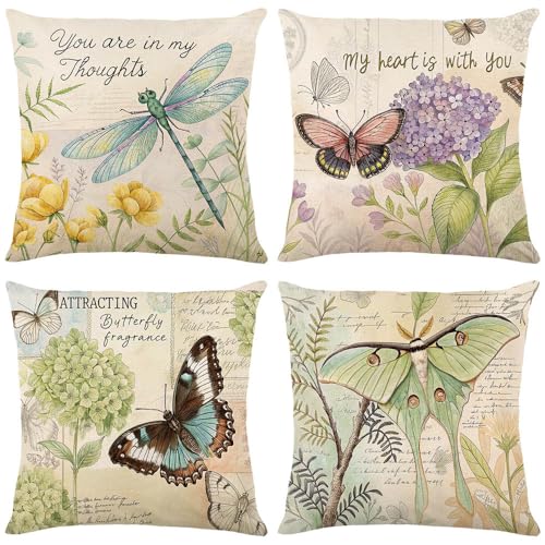 wyooxoo Throw Pillow Covers 16x16 Set of 4 Spring Summer Pillow Covers Linen Flower Butterfly Farmhouse Pillowcases for Sofa Couch Living Room Outdoor