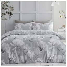 GC GAVENO CAVAILIA Polycotton Fabric Magnolia Floral Duvet Cover Sets, Reversible Flowers Bedding Double Bed Set, Grey-Magnolia Dream (716747)