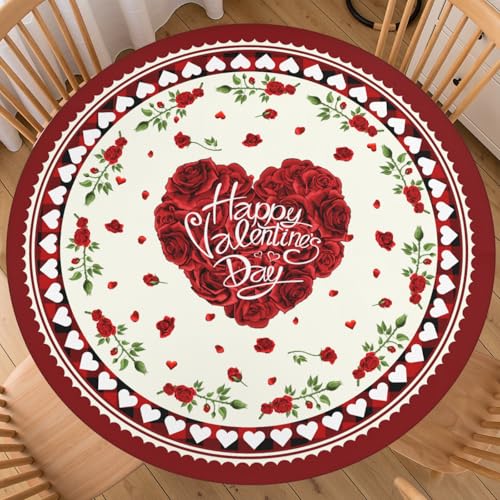 ABSOP Valentine's Day Round Fitted Tablecloth with Elastic Edge 40-44 Inch Red Rose and Heart Pattern Table Cover Washable Holiday Table Cloth for Kitchen Dining Party Patio Picnic