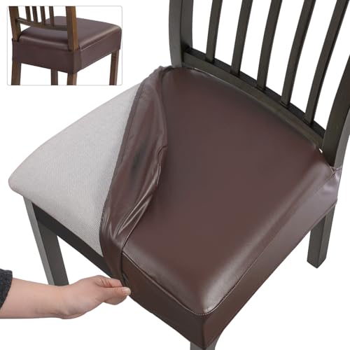 SearchI Waterproof PU Dining Chair Seat Covers Set of 6, Soft Removable Washable Seat Covers for Dining Chairs, Dining Room Seat Cover Slipcover Protector (Rear-Covered, PU Brown)