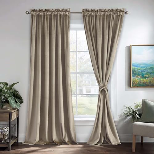 JIUZHEN Taupe Velvet Curtains 90 inches for Living Room - Privacy Protect Room Darkening Rod Pocket Thick Velvet Window Drapes for Bedroom/Dining Room, Set of 2 with Tiebacks, W52 x L90 inches