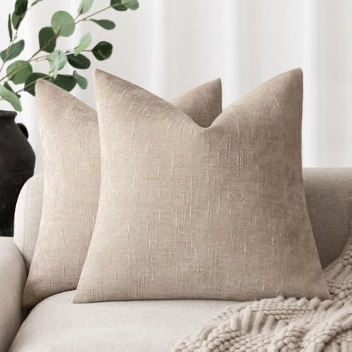 Foindtower Set of 2 Soft Textured Chenille Throw Decorative Pillow Covers Square Accent Solid Cushion Cover Cozy Neutral Farmhouse Pillow Case for Couch Sofa Bedroom Living Room 20x20 Inch,Cream Camel