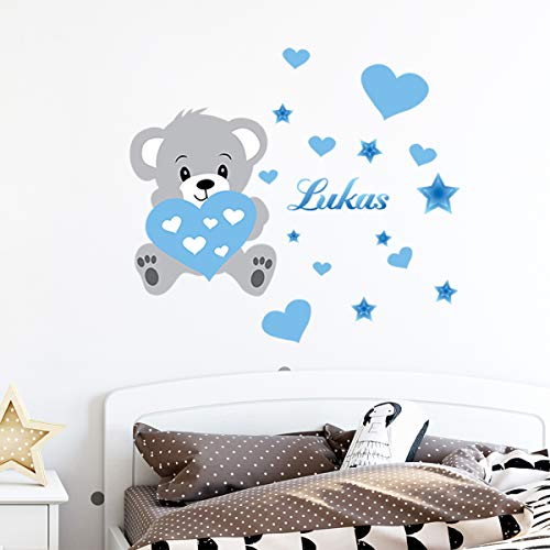 Personalised First Name Stickers - Self-Adhesive Bear Sticker - Children's Bedroom Wall Decoration - 2 Sheets of 30 x 35 cm and 50 x 30 cm - Shade of Blue