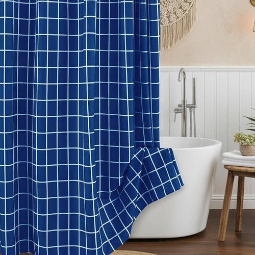 Biscaynebay Extra Long Navy Blue Shower Curtains-72x84 Inch Bathroom Modern Farmhouse Faux Linen Textured Grid Plaid Fabric Shower Curtain, Minimalist Simple Geometric Neutral Decor Machine Washable