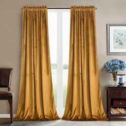 Roslynwood Mustard Gold Velvet Curtains - 63 inches Long Living Room Black Window Treatment Durable Vertical Room Divider Drapes for Kids Room/Home Office,W52 x L63, 2 Panels/Rod Pocket