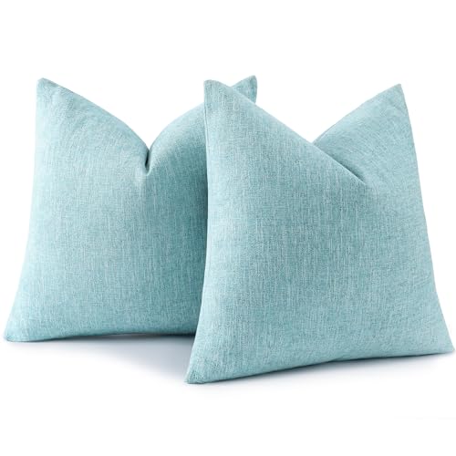 decorUhome Turquoise Throw Pillow Covers 18x18 Inch Set of 2 Rustic Farmhouse Chenille Decorative Pillow Cases for Couch Sofa