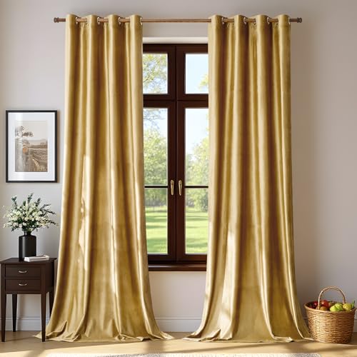 BULBUL Velvet Gold Curtains 95 inch Length- Living Room Blackout Thermal Window Drapes Darkening Decor Grommet Curtains for Bedroom Set of 2 Panels