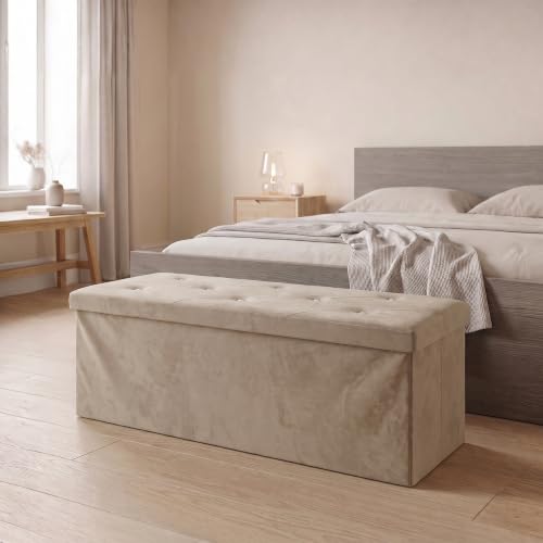 GC GAVENO CAVAILIA Extra Large Ottoman Storage Bench With Lids, Mink - Faux Leather Ottoman Storage Box 110x38x38 cm - Hidden Storage Foldable Foot Stool For Toys, Bedroom, Living Room Hallway
