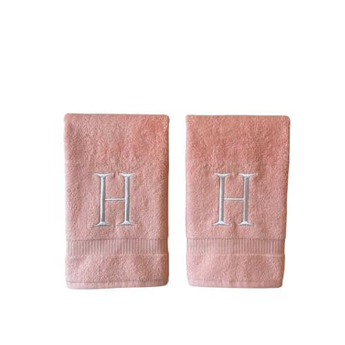 Pink with White Monogrammed Hand Towels for Bathroom - Set of 2 Letter H - Luxury Hotel Quality Initial Towels For Powder Room, Spa, GOTS Organic Certified