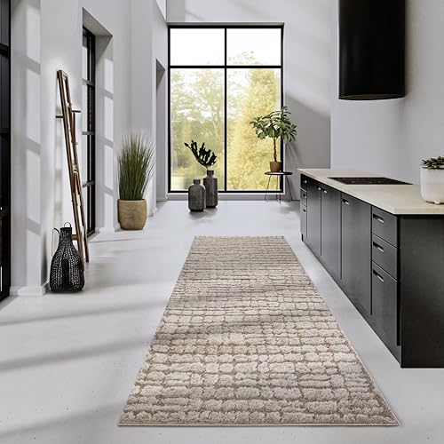 Elle Decor ation High Pile Artistique Rug - Modern Living Room Rug Runner, Long Pile Shaggy, Modern Pattern, Fluffy Soft Boho for Living Room, Bedroom - Beige, 80 x 240 cm
