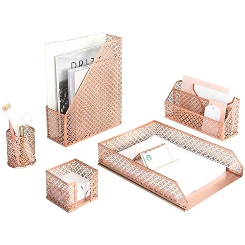 Blu Monaco 6 Piece Rose Gold Desk Organizer Set - Desk Sets- Office Set- Rose Gold Desk Accessories - Desktop Organization