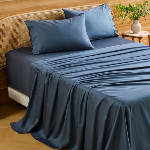 Bedlifes Deep Pocket Sheets 18-24 Inch, California King Size Egyptian Cotton 1000 Thread Count, 4-Piece - Fits Extra Thick Mattresses, Cooling & Breathable (Lake Blue)