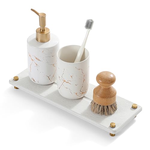 "Razborci Water Absorbing Stone Sink Caddy Kitchen Sink Organizer Tray, Diatomite Bathroom Counter Tray, Gold Faucet Drying Mat Coaster Soap Dish Rack Riser Dispenser Sponge Holder, Beige 12.5"" x 4.5"""