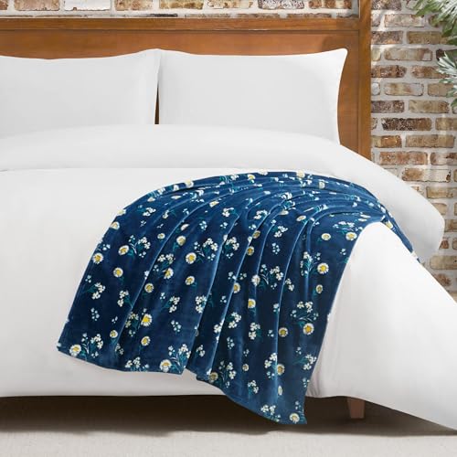"Lucky Brand Daisy Navy Blue Floral 50""X70"" Cozy Plush Blanket - Premium Microfiber Throw for Luxurious Comfort and Style"